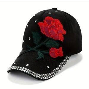 Red Rose Patch Baseball Cap Rhinestone Hat Lightweight